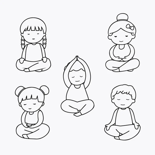 Paquete Yoga Meditación Dibujos Animados Garabato Línea Arte Meditando Colección — Archivo Imágenes Vectoriales