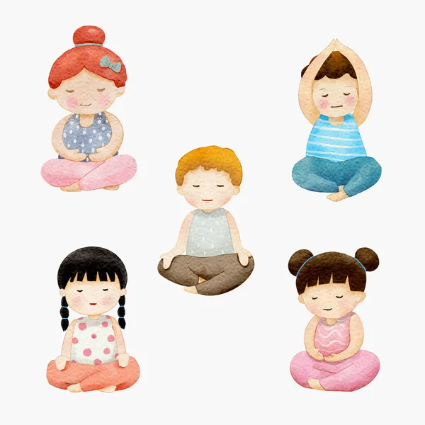 Acquerello Vario Meditando Bambini Yoga Cartone Animato Set Illustrazione Vettoriale — Vettoriale Stock