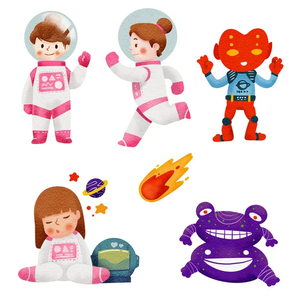 Acquerello Astronauta Ragazza Bambini Alieno Divertente Cartone Animato Set Illustrazione — Vettoriale Stock