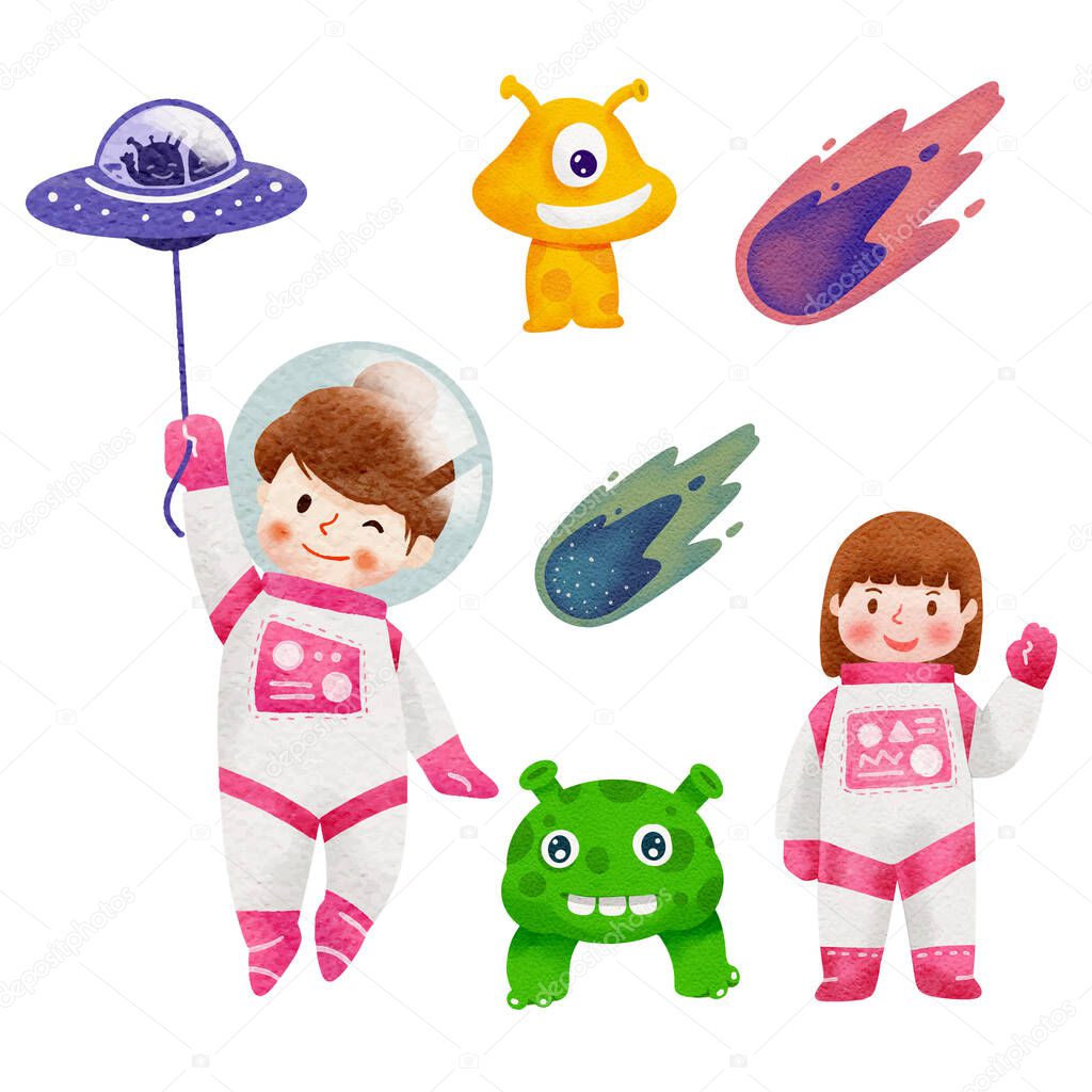 watercolor astronaut girl children and  alien funny cartoon set illustration vector