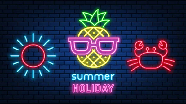 Neon Ananas Sommartecken Glödande Färg Neon Line Banderoller För Bly — Stock vektor