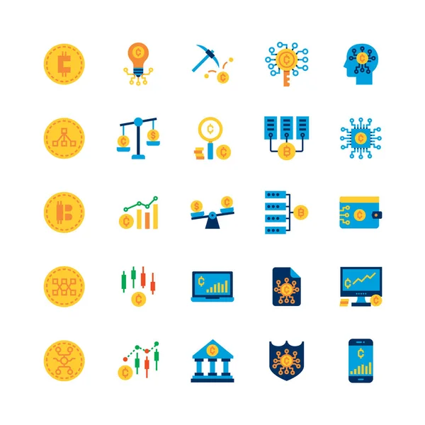 Bundle Crypto Monnaie Blockchain Économie Réseau Plat Signe Icônes Collection — Image vectorielle