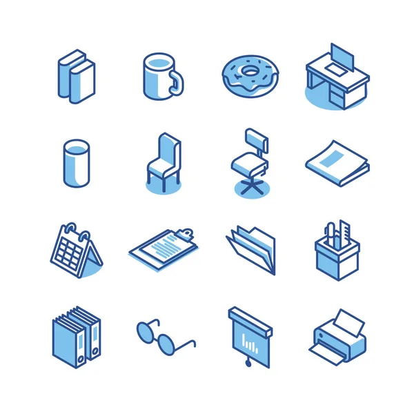 Isometric Office Equipment Icons Flat Line Element Object Work Design — ストックベクタ