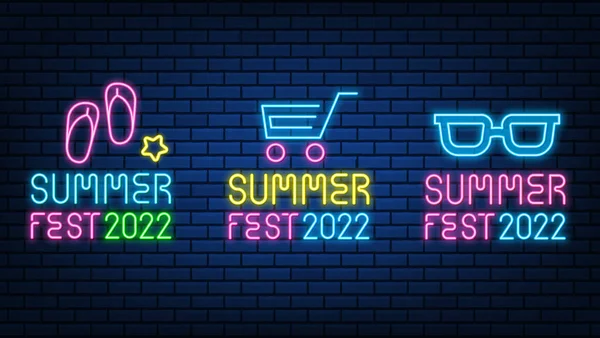 Neon Verão Fest Texto 2022 Sinais Cor Brilhante Brilhante Levou —  Vetores de Stock