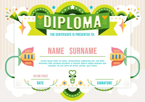 Certificato Bambini Diploma Scuola Materna Modello Layout Arcobaleno Fiore Verde — Vettoriale Stock