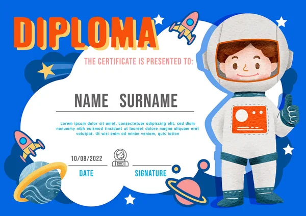 Certificato Bambini Diploma Modello Scuola Materna Layout Astronauta Vettore Acquerello — Vettoriale Stock