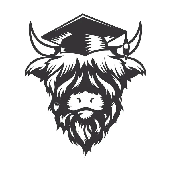 Highland Cow Diseño Cabeza Graduación Con Sombrero Graduación Animal Granja — Vector de stock