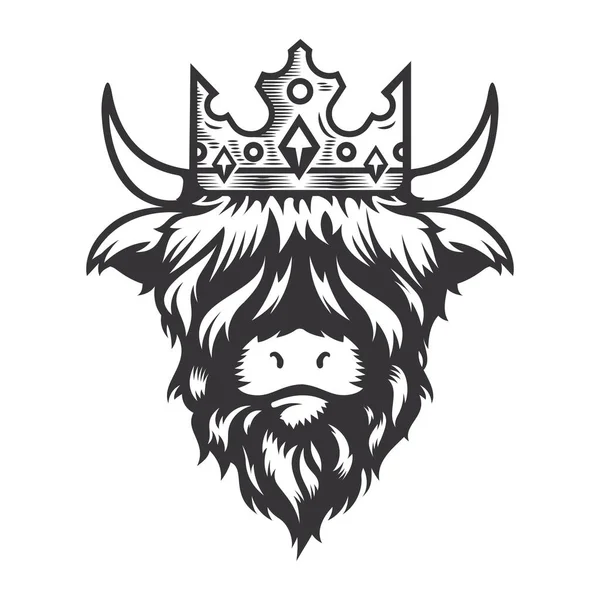 Highland Αγελάδα Βασιλιάς Σχεδιασμό Κεφάλι Βασιλικό Στέμμα Αγροτικό Ζώο Αγελάδες — Διανυσματικό Αρχείο