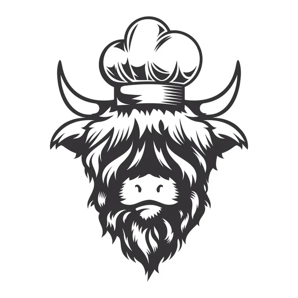 Highland Vaca Cocinero Cabeza Diseño Con Sombrero Chef Animal Granja — Archivo Imágenes Vectoriales