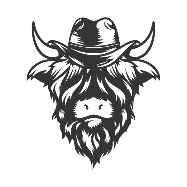 Highland Vaca Salvaje Oeste Cabeza Diseño Con Sombrero Vaquero Animal — Archivo Imágenes Vectoriales