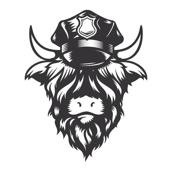 Diseño Cabeza Policía Vaca Montañesa Con Gorra Policía Animal Granja — Vector de stock