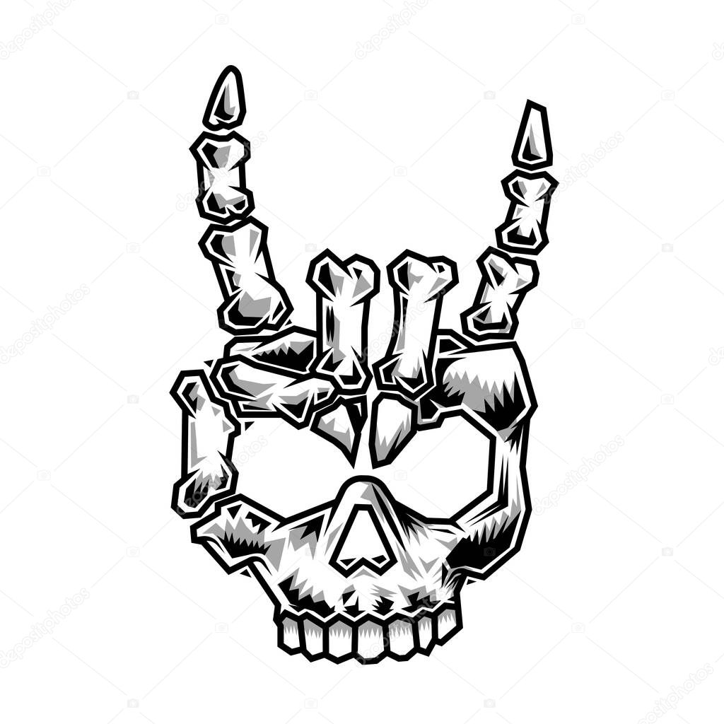 Skeleton head rock hand line art vintage tattoo or print design vector illustratio.