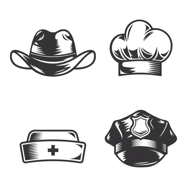 Διάφορα Επαγγελματικά Καπέλα Εργασίας Σετ Γραμμικά Λογότυπα Τέχνης Εικονίδια Εικονογράφηση — Διανυσματικό Αρχείο