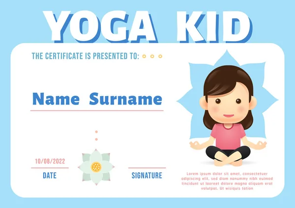 Certificato Yoga Bambini Diploma Scuola Materna Modello Vettoriale — Vettoriale Stock