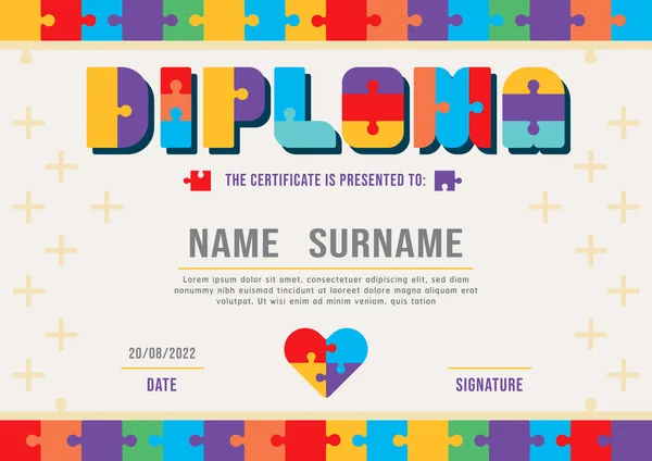 Certificate Kids Jisaw Diploma Kindergarten Template Layout Puzzle Game Vector — Stock Vector