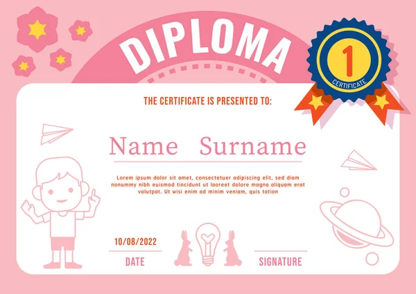 Certificato Bambini Diploma Modello Scuola Materna Layout Vettore Colore Rosa — Vettoriale Stock