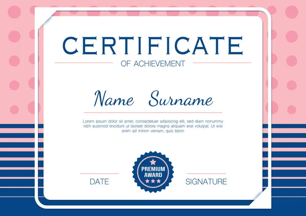 Certificado Diploma Elegante Azul Rosa Plantilla Vector — Archivo Imágenes Vectoriales