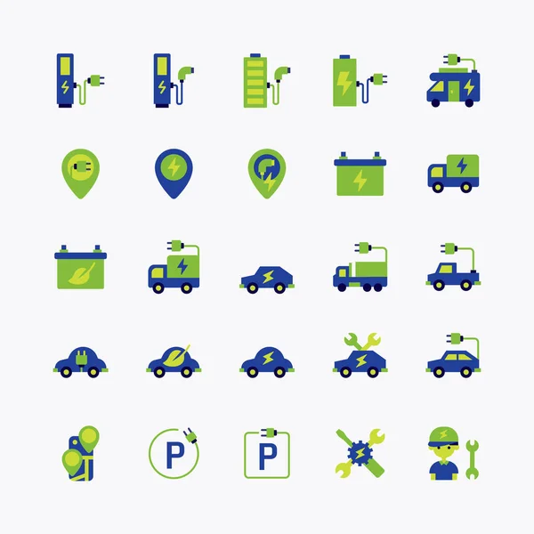 Electro Vehículo Icono Plano Conjunto Con Estación Carga Eléctrica Eco — Vector de stock