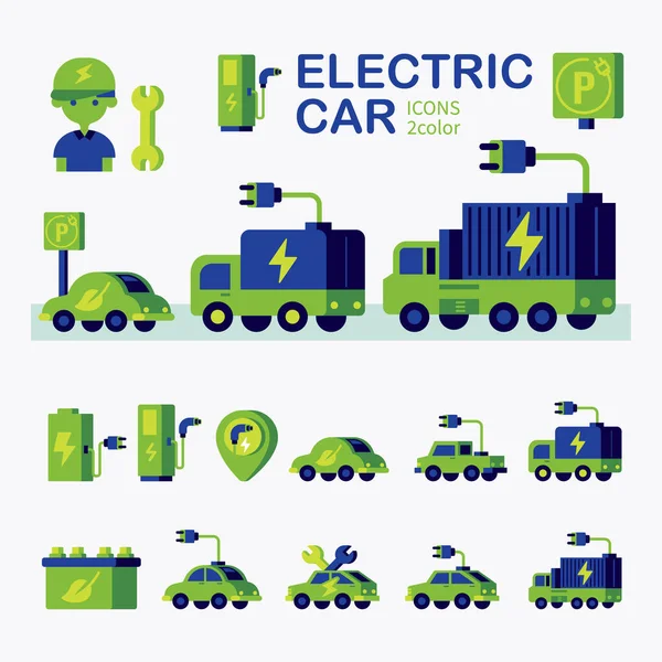 Elektrofahrzeug Flat Icon Set Mit Elektro Ökomobil Ladestation Vektor — Stockvektor