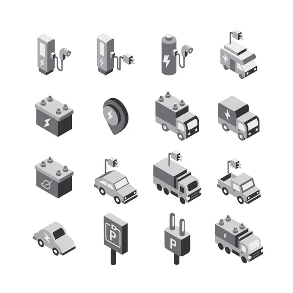 Electric Vehicle Logo Isometric Flat Icons Set Eco Clean Energy — Stok Vektör