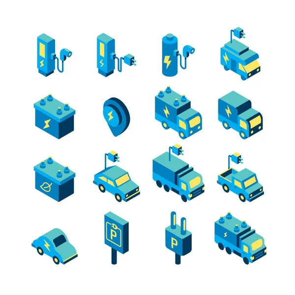 Electric Vehicle Logo Isometric Flat Color Icons Set Eco Clean — Stok Vektör