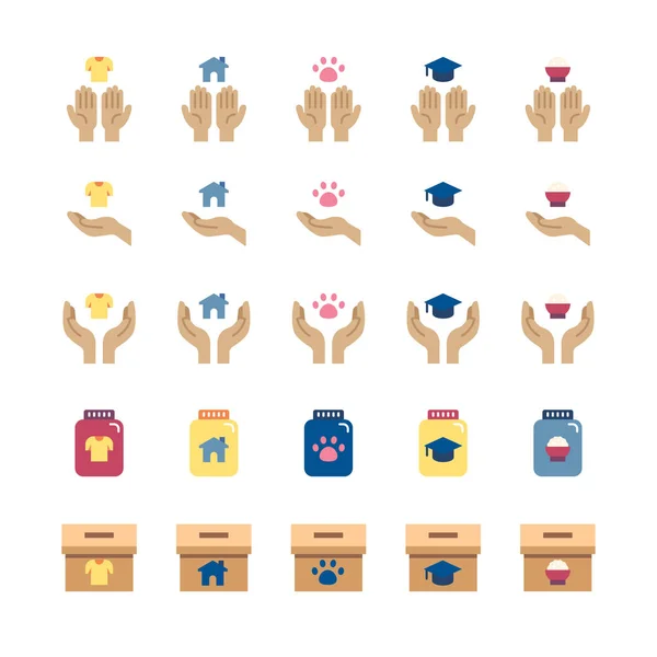 Donate Charity Flat Icons Set Helping Hand Volunteer Help Donations — Wektor stockowy