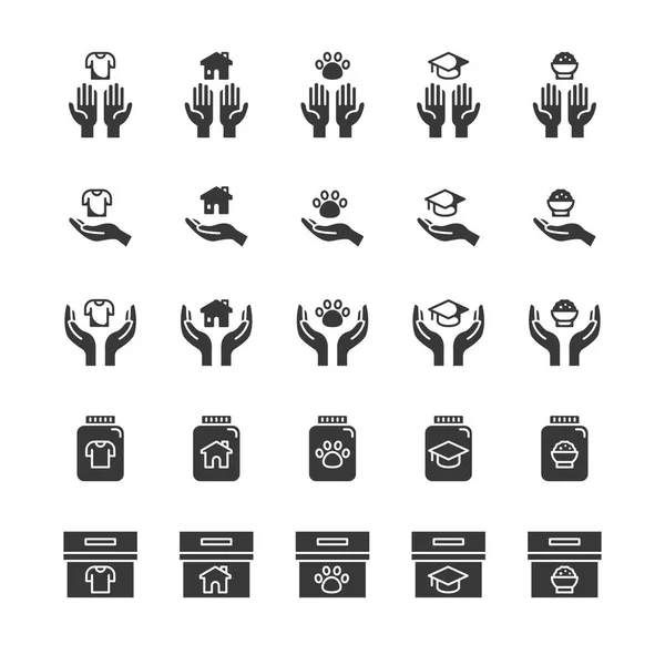 Donate Charity Black Icons Set Helping Hand Volunteer Help Donations — Stock vektor