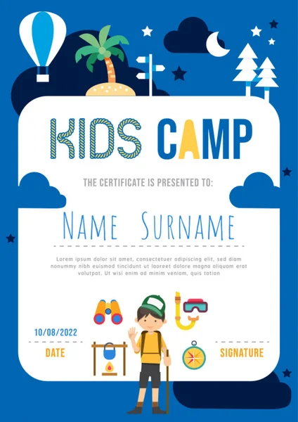 Certificate Summer Camp Kids Diploma Kindergarten Template Layout Nature Eco — Stock Vector