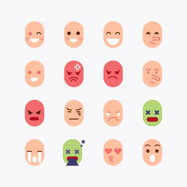 Emoji yüz düz renk simgeleri ayarlandı. Beyaz bir arka planda. Vektör simgesi