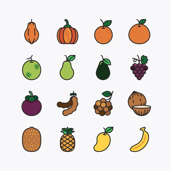 Fruit Bessen Platte Pictogrammen Ingesteld Een Witte Achtergrond Vectorpictogram — Stockvector