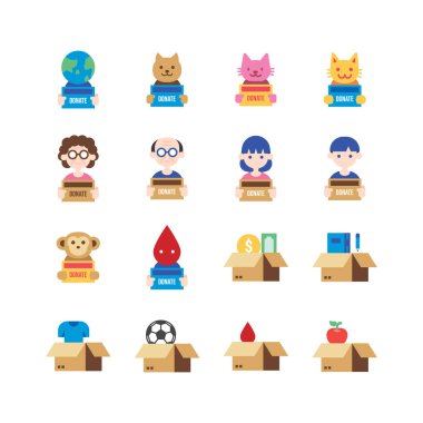 Donate and Charity flat icons set. hold box, Volunteer help, people donations and Care box. design vector