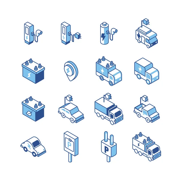 Electric Vehicle Logo Isometric Flat Line Icons Set Eco Clean — Stock Vector