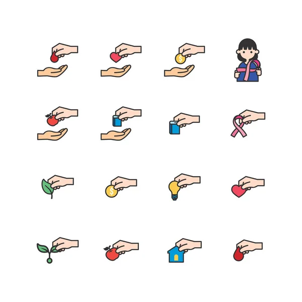 Donate Charity Flat Icons Set Helping Hand Volunteer Help Heart — Wektor stockowy