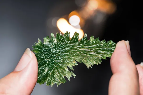 İnsan eliyle kırışık yeşil molekül minerali ve siyah arka planda turuncu ışık. Koleksiyoncu, parlak lamba ve güzel bir bokeh ile Çekçe 'den meteorik cam mücevher taşıyor. Seçici odak.