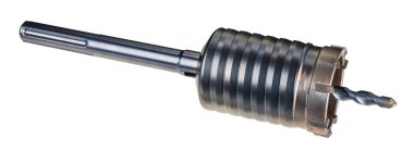 Hole saw with pilot drill bit isolated on a white background. Sharp drilling cutter with diamond teeth crown and SDS shank. Metal tool for sawing stone, concrete or brick masonry and building materials.