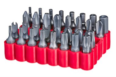 Çelik torx, pozidrive veya altıgen vida sürücü parçaları kırmızı kutuda izole edilmiş beyaz arka planda. Plastik tutucudaki değiştirilebilir yıldız tornavidalarına yakın çekim. Metal cıvata aracı seti çeşitli boyutlarda.