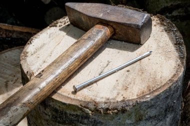 Tahta saplı eski paslı bir çekiç ve kütüğün üzerinde yeni bir çivi var..