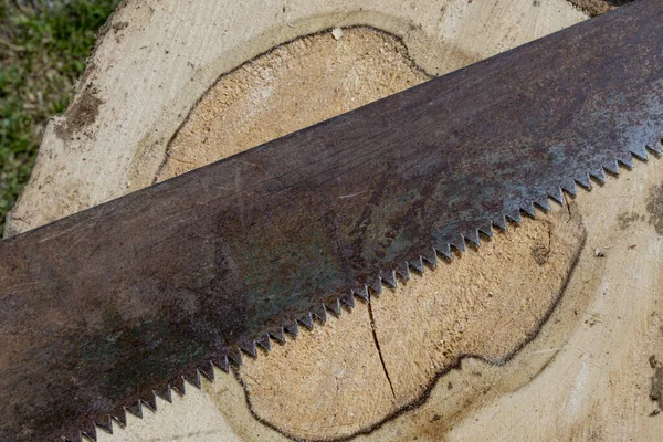 Part Rusty Metal Hacksaw Lies Wooden Stump — Stock Photo, Image