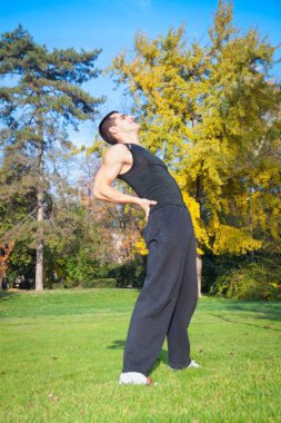 çekici bir genç adam parkta egzersiz yaparak