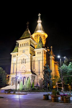 Temeşvar şehir gece ve güzel katedral, Romanya
