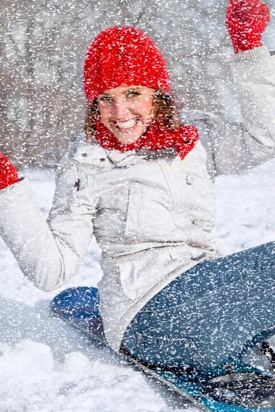 Beautiful woman with snowboard on the snow day . — Stock Photo, Image