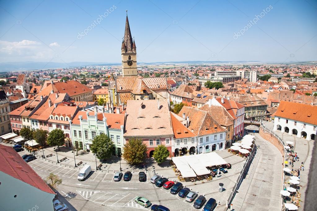 Panoramic view of Sibiu central square in Transylvania, Romania