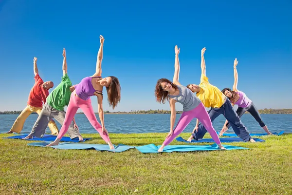 Coppia di alberi, uomo e donna pratica Yoga asana sul lungolago . — Foto Stock