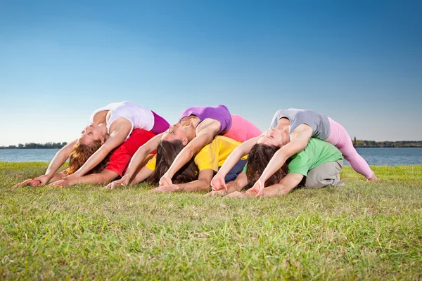 Coppia di alberi, uomo e donna pratica Yoga asana sul lungolago . — Foto Stock