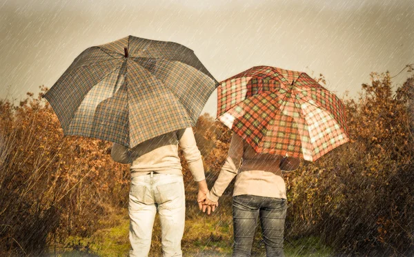 在森林里的一把雨伞下的年轻夫妇 — 图库照片