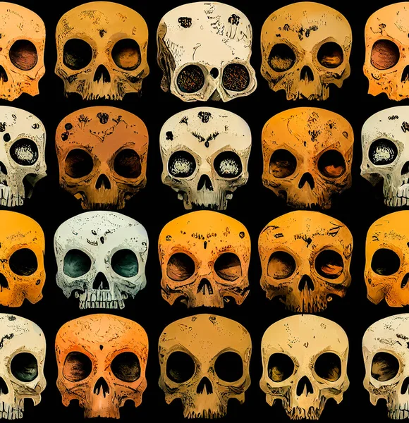 Orange human skulls seamless texture. Scary Halloween pattern. Suitable for printing on fabric.