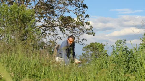 Falciare il prato vicino al bosco con una falce d'epoca — Video Stock