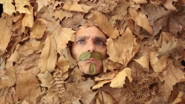 Mannens ansikte bland hösten lämnar — Stockvideo