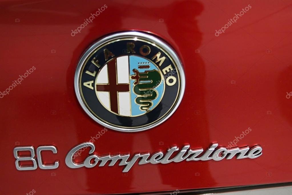 ROME, ITALY - DECEMBER 13 2013: The Alfa Romeo 8C Competizione logo, This sports car was produced by Italian automaker Alfa Romeo between 2007 and 2010