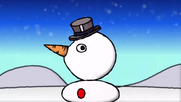 Personaje Muñeco Nieve Dibujos Animados Sobre Paisaje Nevado — Vídeo de stock